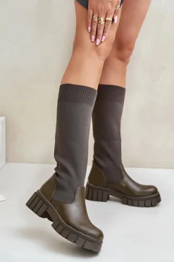 Online Boto Kozaki Z Elastyczną Cholewką Na Płaskim Obcasie Ciemnozielone Mesidra Zielony