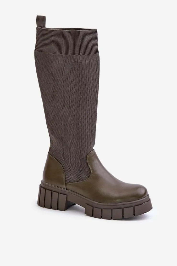 Online Boto Kozaki Z Elastyczną Cholewką Na Płaskim Obcasie Ciemnozielone Mesidra Zielony