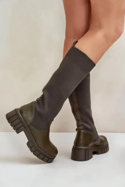 Online Boto Kozaki Z Elastyczną Cholewką Na Płaskim Obcasie Ciemnozielone Mesidra Zielony