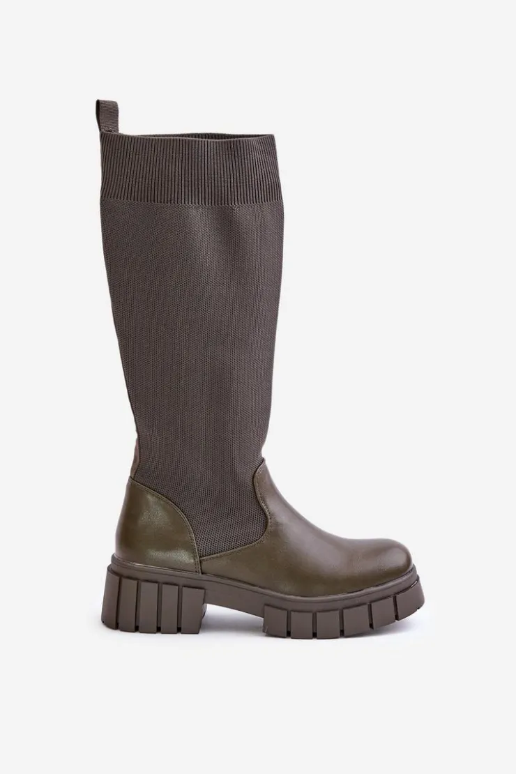 Online Boto Kozaki Z Elastyczną Cholewką Na Płaskim Obcasie Ciemnozielone Mesidra Zielony