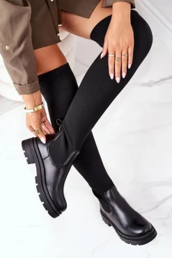 Boto Kozaki Płaskie*Kozaki Z Elastycznej Tkaniny Za Kolano Czarne Ice Coffee