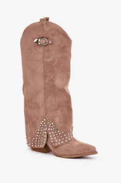 Damskie Boto Kozaki Z Wywiniętą Cholewką Na Słupku Ciemnobeżowe Iveliri