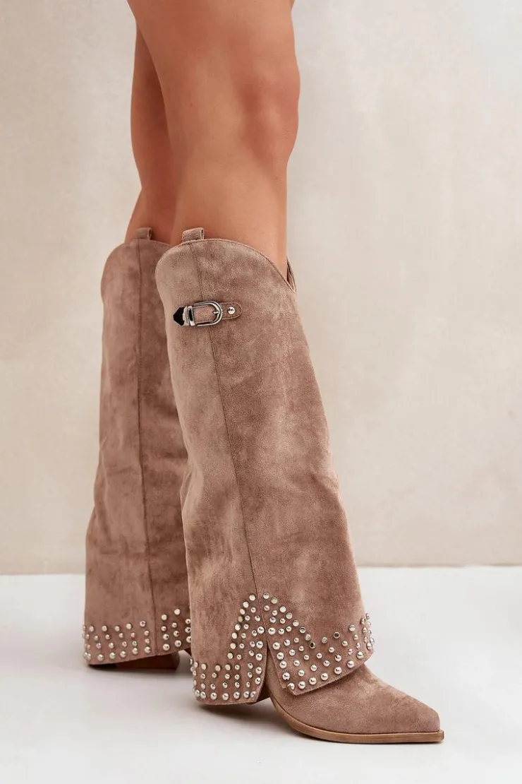 Damskie Boto Kozaki Z Wywiniętą Cholewką Na Słupku Ciemnobeżowe Iveliri