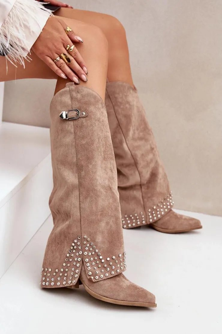 Damskie Boto Kozaki Z Wywiniętą Cholewką Na Słupku Ciemnobeżowe Iveliri