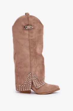 Damskie Boto Kozaki Z Wywiniętą Cholewką Na Słupku Ciemnobeżowe Iveliri