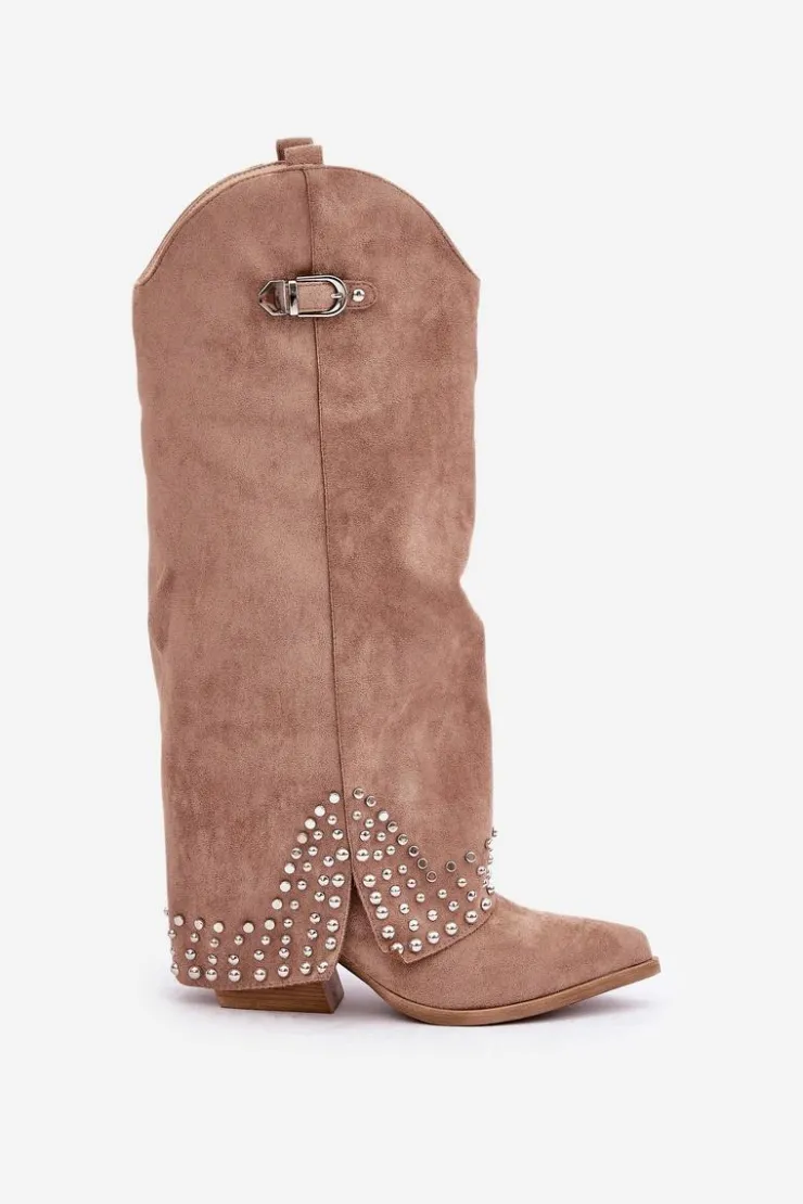 Damskie Boto Kozaki Z Wywiniętą Cholewką Na Słupku Ciemnobeżowe Iveliri