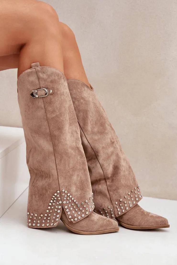 Damskie Boto Kozaki Z Wywiniętą Cholewką Na Słupku Ciemnobeżowe Iveliri