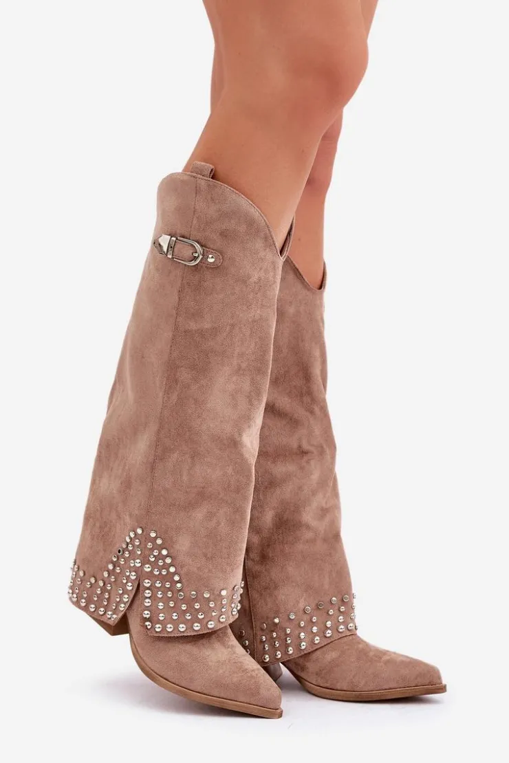 Damskie Boto Kozaki Z Wywiniętą Cholewką Na Słupku Ciemnobeżowe Iveliri