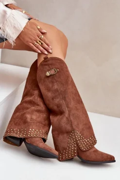 Boto Kozaki Z Wywiniętą Cholewką Na Słupku Brązowe Iveliri Brązowy