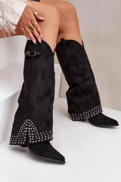 Boto Kozaki Na Słupku|Kozaki Z Wywiniętą Cholewką*Kozaki Z Wywiniętą Cholewką Na Słupku Czarne Iveliri Czarny