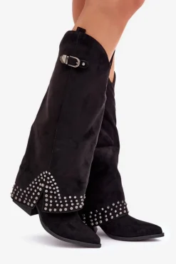 Boto Kozaki Na Słupku|Kozaki Z Wywiniętą Cholewką*Kozaki Z Wywiniętą Cholewką Na Słupku Czarne Iveliri Czarny