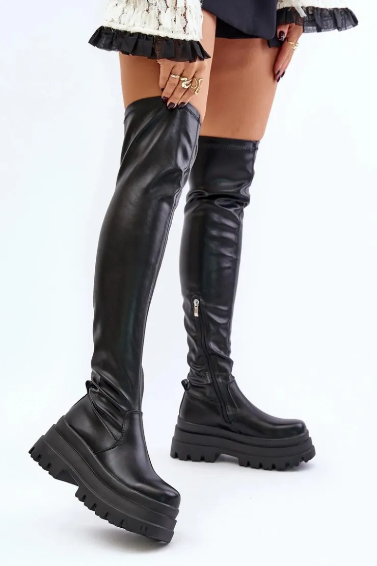 Sale Boto Kozaki Za Kolano Na Masywnej Platformie Czarne Zinera