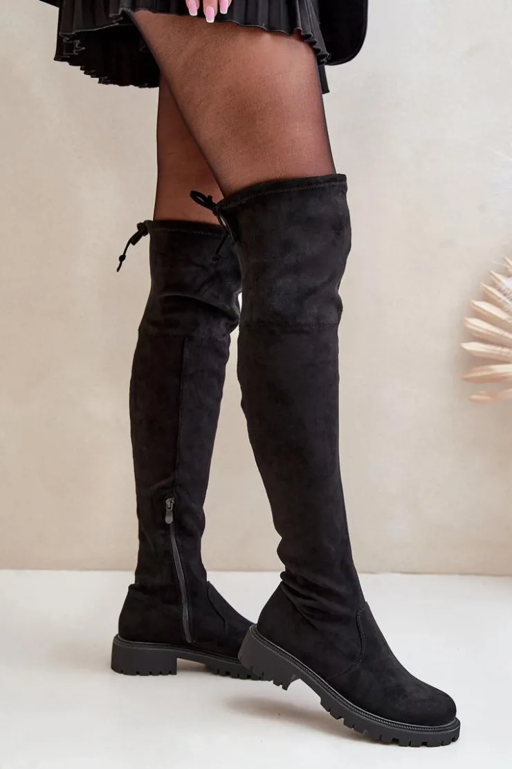 New Boto Kozaki Za Kolano Na Płaskim Obcasie Z Eko Zamszu Czarne Arkelia Czarny