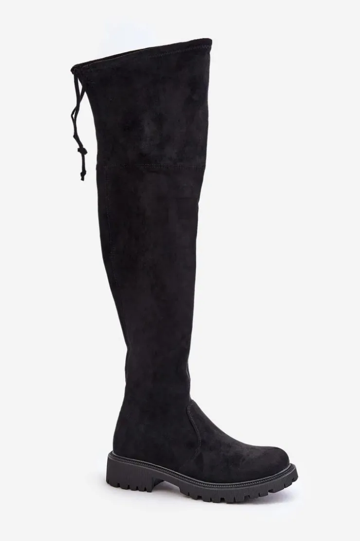 New Boto Kozaki Za Kolano Na Płaskim Obcasie Z Eko Zamszu Czarne Arkelia Czarny