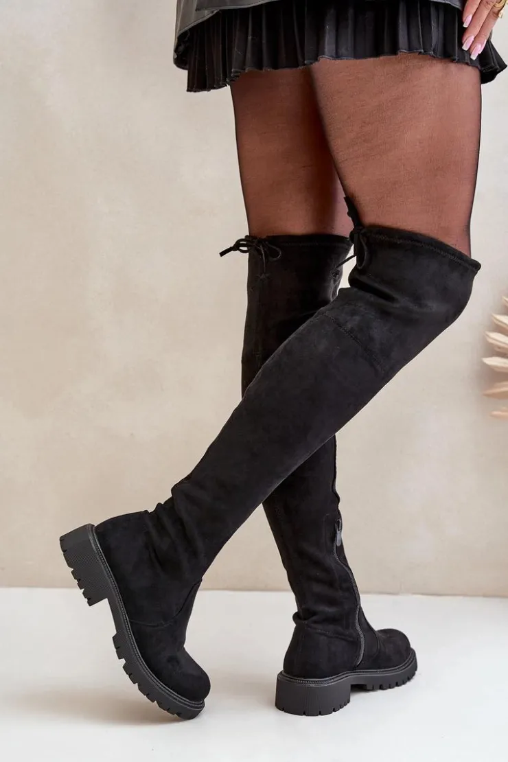 New Boto Kozaki Za Kolano Na Płaskim Obcasie Z Eko Zamszu Czarne Arkelia Czarny