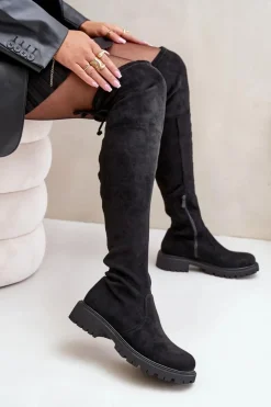 New Boto Kozaki Za Kolano Na Płaskim Obcasie Z Eko Zamszu Czarne Arkelia Czarny