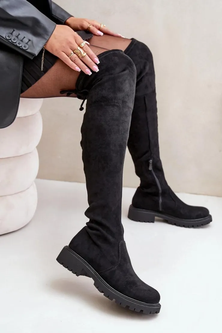 New Boto Kozaki Za Kolano Na Płaskim Obcasie Z Eko Zamszu Czarne Arkelia Czarny