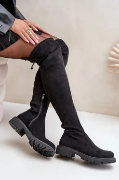 New Boto Kozaki Za Kolano Na Płaskim Obcasie Z Eko Zamszu Czarne Arkelia Czarny