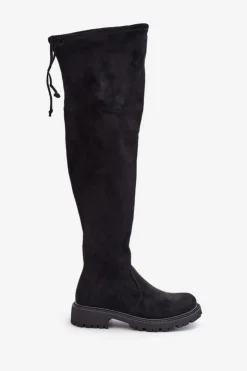 New Boto Kozaki Za Kolano Na Płaskim Obcasie Z Eko Zamszu Czarne Arkelia Czarny