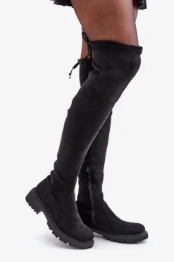 New Boto Kozaki Za Kolano Na Płaskim Obcasie Z Eko Zamszu Czarne Arkelia Czarny