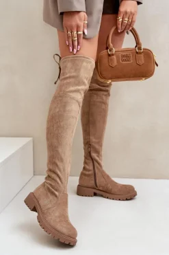 Boto Kozaki Za Kolano Na Płaskim Obcasie Z Eko Zamszu Beżowe Arkelia Beżowy