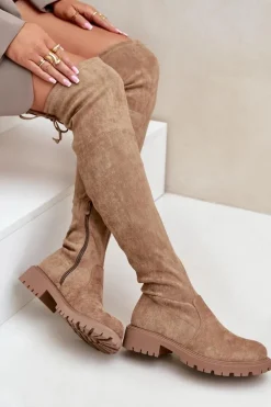 Boto Kozaki Za Kolano Na Płaskim Obcasie Z Eko Zamszu Beżowe Arkelia Beżowy