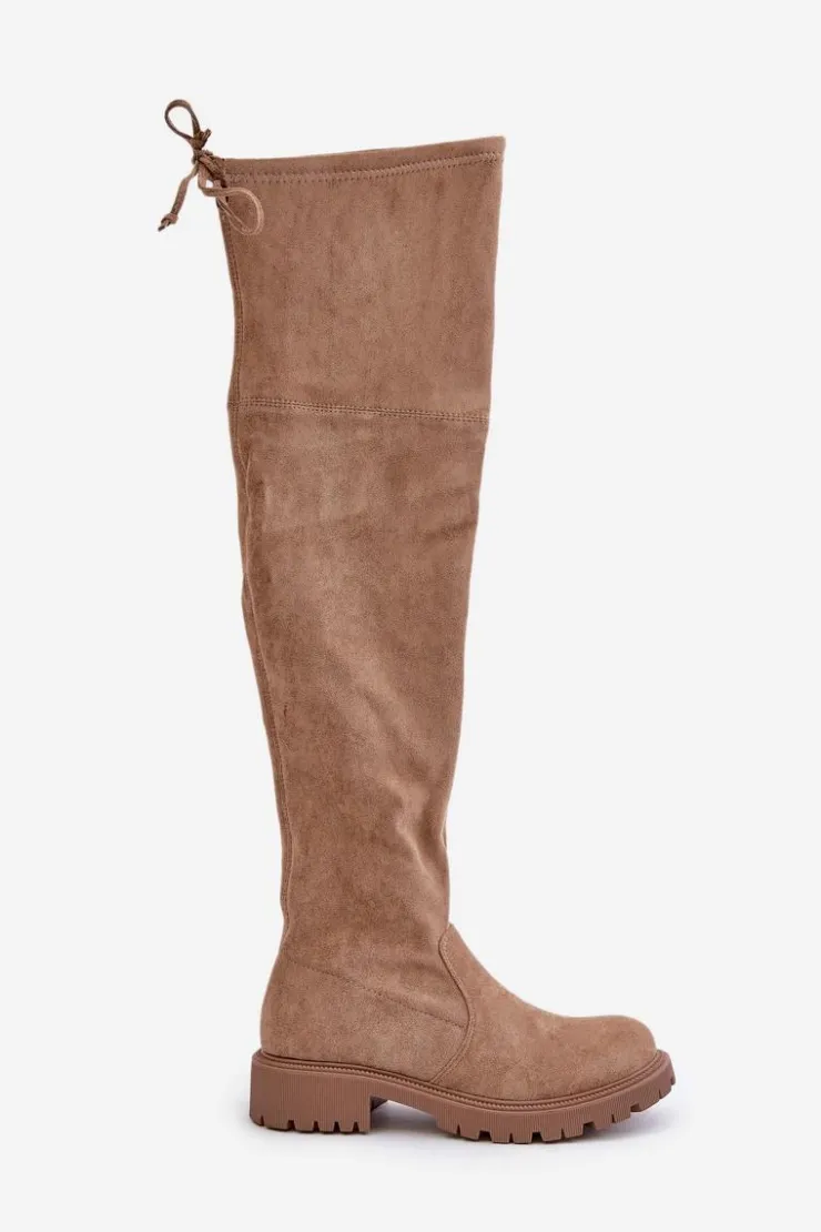 Boto Kozaki Za Kolano Na Płaskim Obcasie Z Eko Zamszu Beżowe Arkelia Beżowy