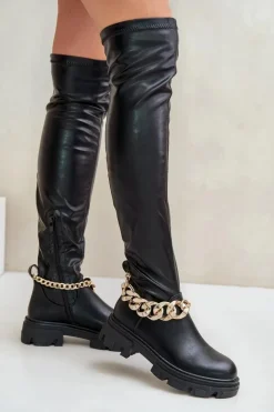Damskie Boto Kozaki Za Kolano Na Płaskim Obcasie Z Łańcuchem Pemeriana
