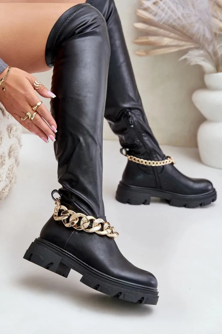 Damskie Boto Kozaki Za Kolano Na Płaskim Obcasie Z Łańcuchem Pemeriana