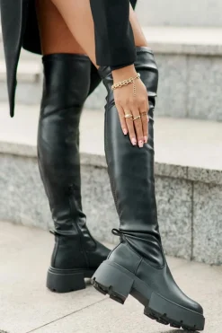 Damskie Boto Kozaki Za Kolano Na Platformie I Płaskim Obcasie Z Eko Skóry Czarne Loreviana