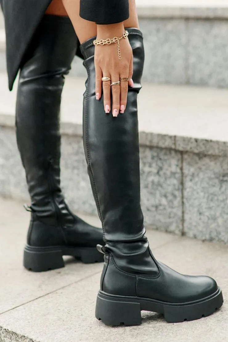 Damskie Boto Kozaki Za Kolano Na Platformie I Płaskim Obcasie Z Eko Skóry Czarne Loreviana