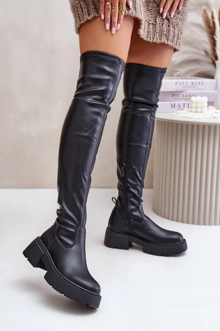 Damskie Boto Kozaki Za Kolano Na Platformie I Płaskim Obcasie Z Eko Skóry Czarne Loreviana