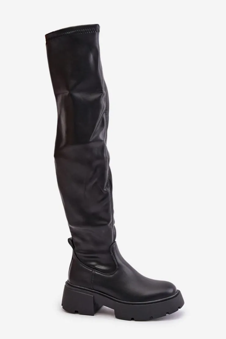 Damskie Boto Kozaki Za Kolano Na Platformie I Płaskim Obcasie Z Eko Skóry Czarne Loreviana
