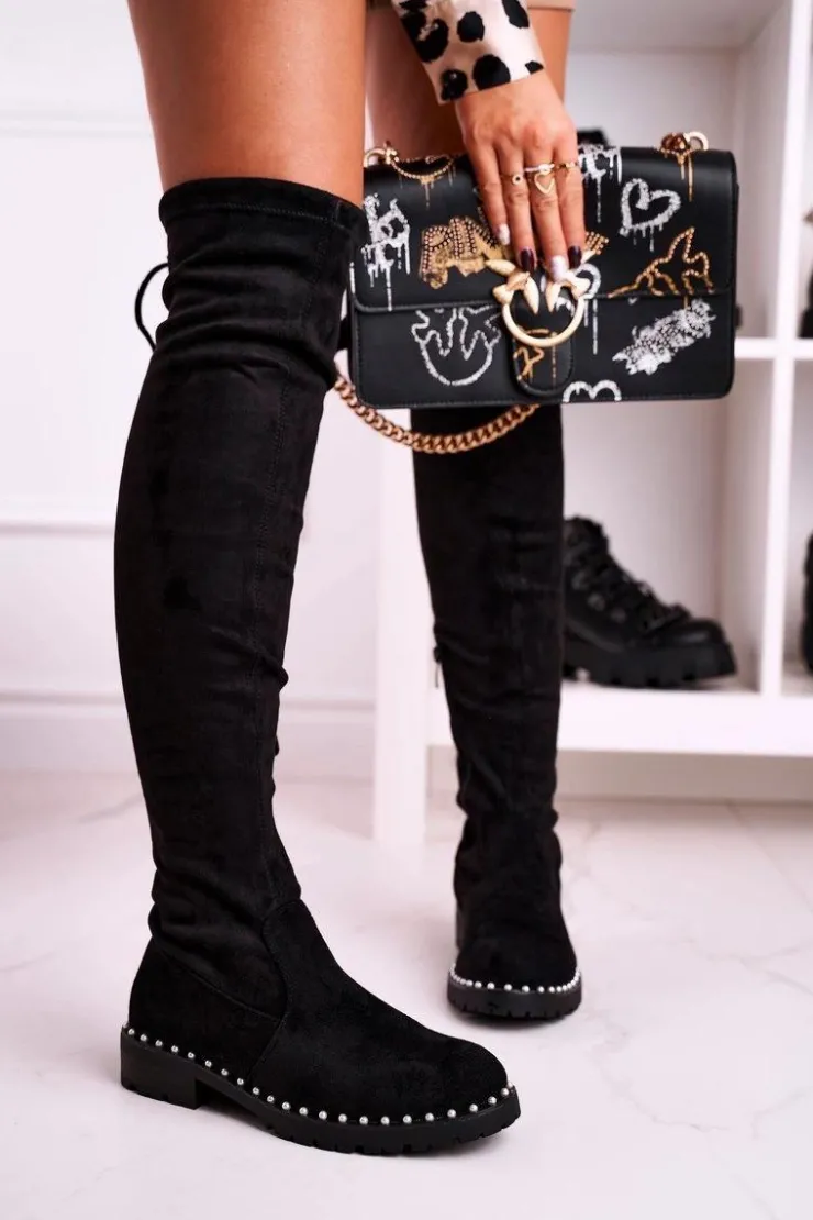 Damskie Boto Kozaki Za Kolano Z Perełkami Zamszowe Czarne Isabel