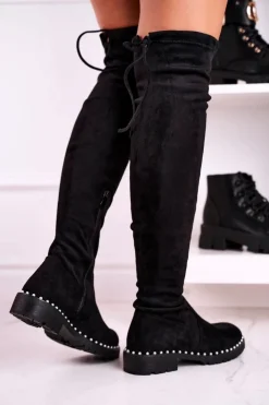 Damskie Boto Kozaki Za Kolano Z Perełkami Zamszowe Czarne Isabel