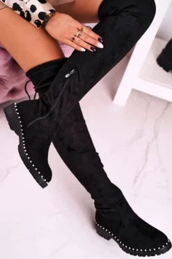 Damskie Boto Kozaki Za Kolano Z Perełkami Zamszowe Czarne Isabel