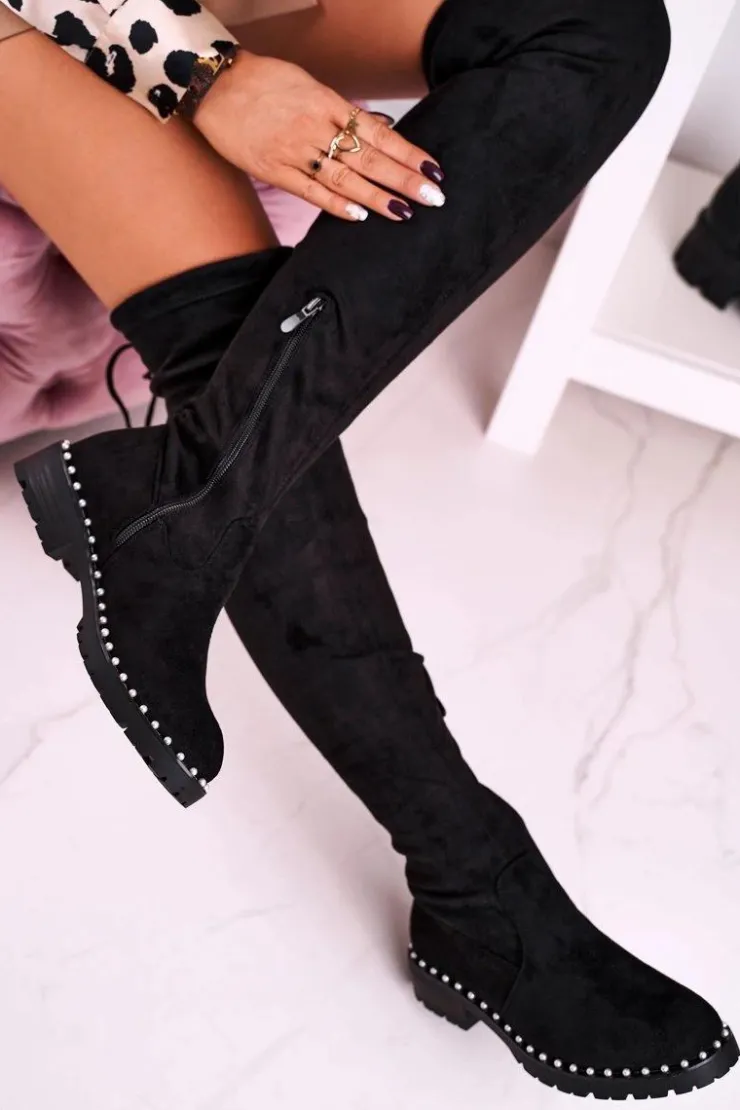 Damskie Boto Kozaki Za Kolano Z Perełkami Zamszowe Czarne Isabel