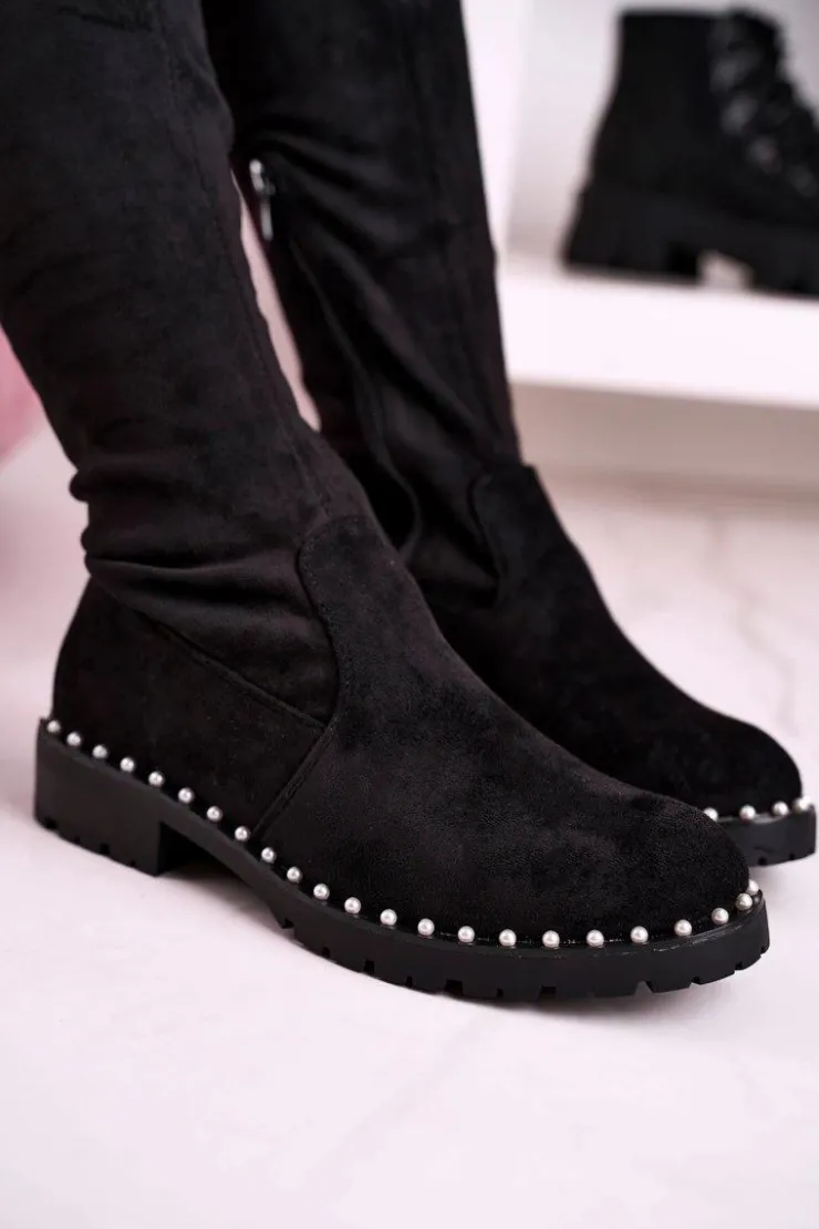 Damskie Boto Kozaki Za Kolano Z Perełkami Zamszowe Czarne Isabel