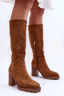 Outlet Boto Kozaki Zamszowe Na Masywnym Obcasie Brązowe Virdana