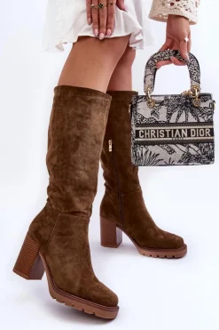 Damskie Boto Kozaki Zamszowe Na Masywnym Obcasie Oliwkowe Virdana