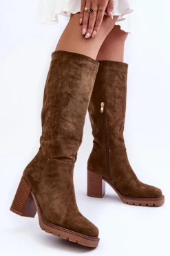 Damskie Boto Kozaki Zamszowe Na Masywnym Obcasie Oliwkowe Virdana