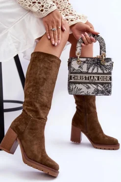 Damskie Boto Kozaki Zamszowe Na Masywnym Obcasie Oliwkowe Virdana