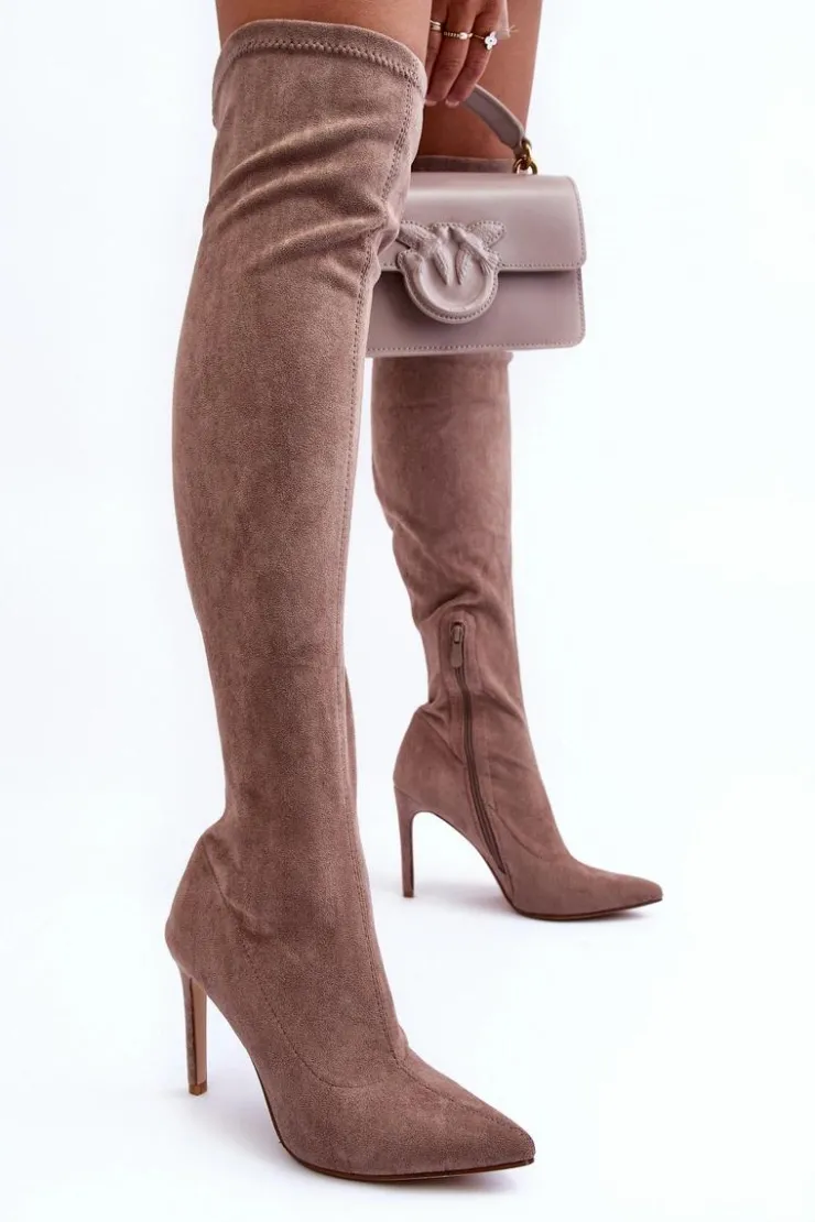 Boto Muszkieterki|Kozaki Za Kolano*Kozaki Zamszowe Za Kolano Na Szpilce Beżowe Calfi
