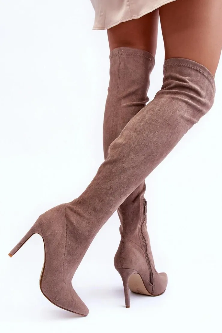 Boto Muszkieterki|Kozaki Za Kolano*Kozaki Zamszowe Za Kolano Na Szpilce Beżowe Calfi