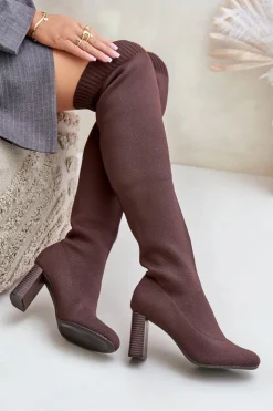 Boto Kozaki Ze Skarpetkową Cholewką Za Kolano Na Słupku Brązowe Esanira Brązowy