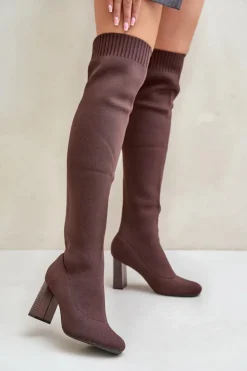 Boto Kozaki Ze Skarpetkową Cholewką Za Kolano Na Słupku Brązowe Esanira Brązowy