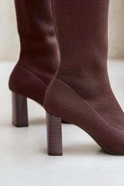 Boto Kozaki Ze Skarpetkową Cholewką Za Kolano Na Słupku Brązowe Esanira Brązowy