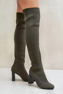 Boto Kozaki Ocieplane|Muszkieterki*Kozaki Ze Skarpetkową Cholewką Za Kolano Na Słupku Ciemnozielone Esanira Zielony