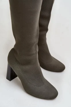 Boto Kozaki Ocieplane|Muszkieterki*Kozaki Ze Skarpetkową Cholewką Za Kolano Na Słupku Ciemnozielone Esanira Zielony