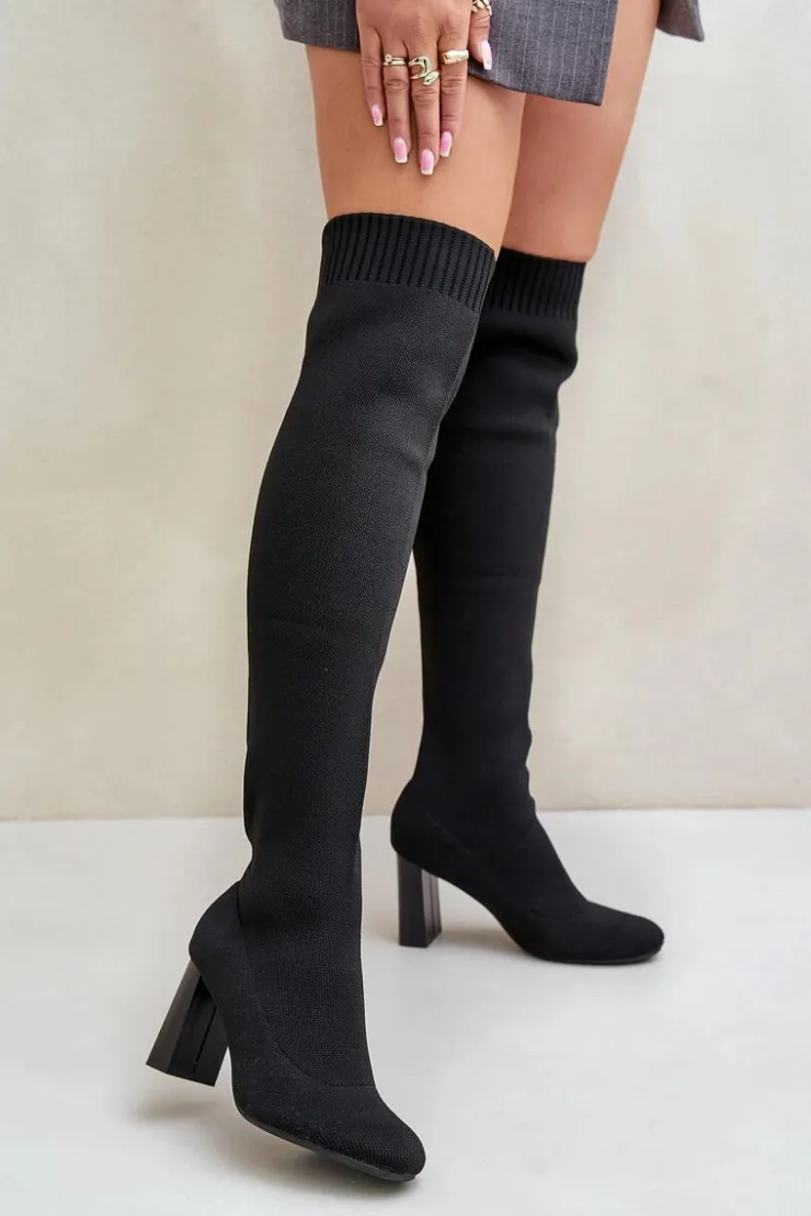 Damskie Boto Kozaki Ze Skarpetkową Cholewką Za Kolano Na Słupku Czarne Esanira